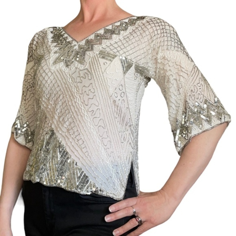 Vintage Swee Lo for I. Magnin Beaded Sequin Silk Top Blouse OOAK - Picture 2 of 10